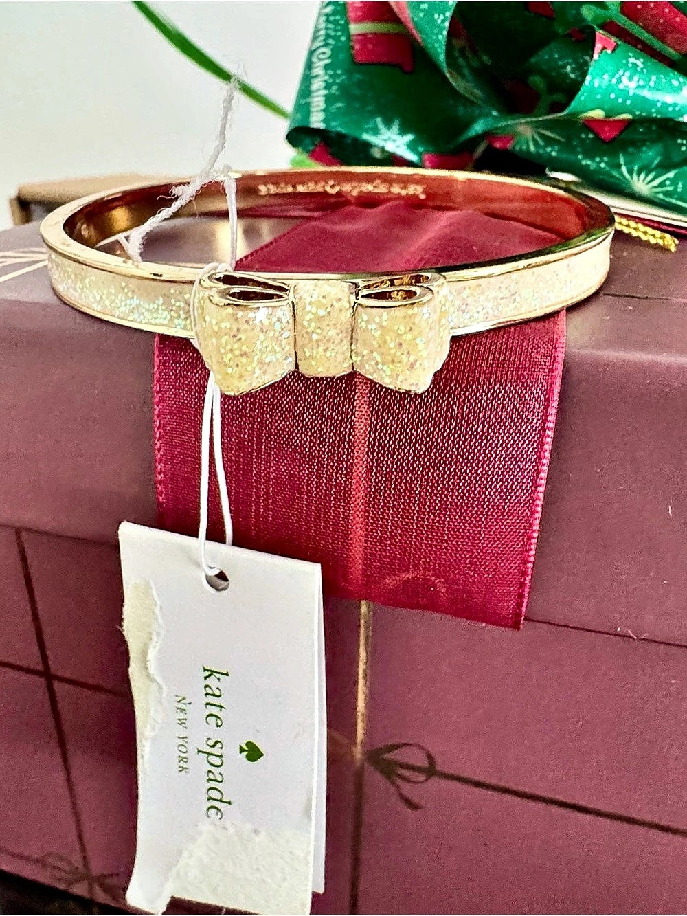 NWT Kate Spade Moon River Opal Glitter Bow Bangle Bracelet Gold